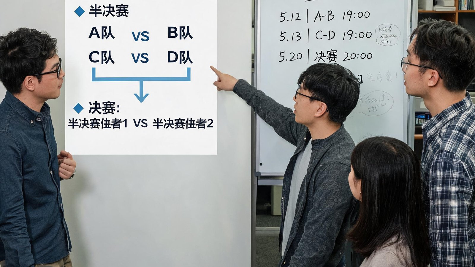 我们的团队在办公室讨论季后赛赛程安排，墙上贴着对阵图和白板笔记