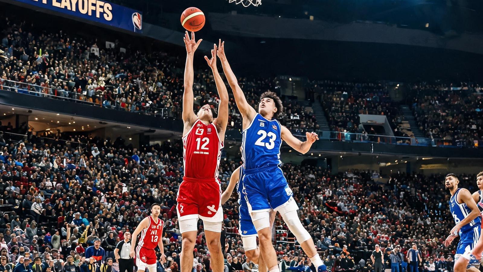 NBL季后赛中两支球队在篮下激烈争抢篮板，观众席座无虚席