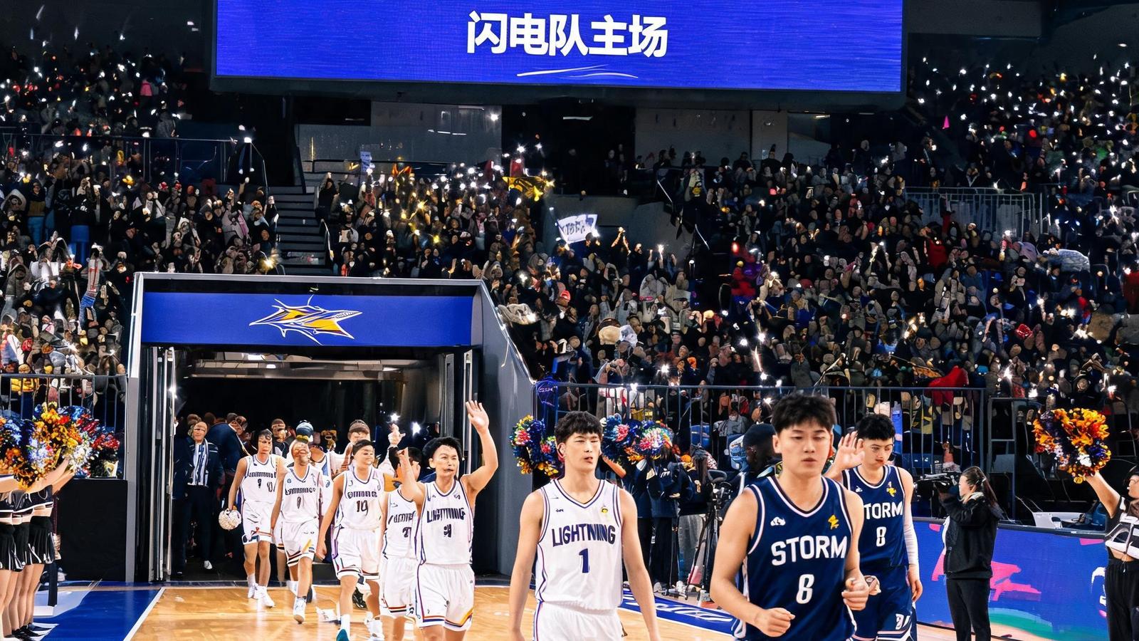 NBL季后赛首轮第一场：闪电队主场对阵风暴队，球员入场画面