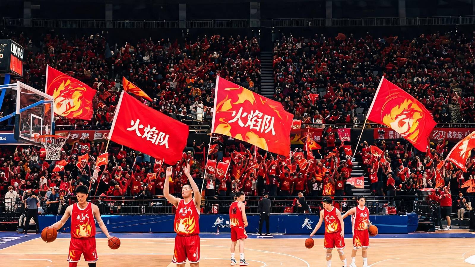 NBL季后赛首轮第二场：火焰队球员在主场热身，球迷挥舞旗帜